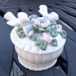 Charming Vintage Porcelain Box with Birds and Flowers